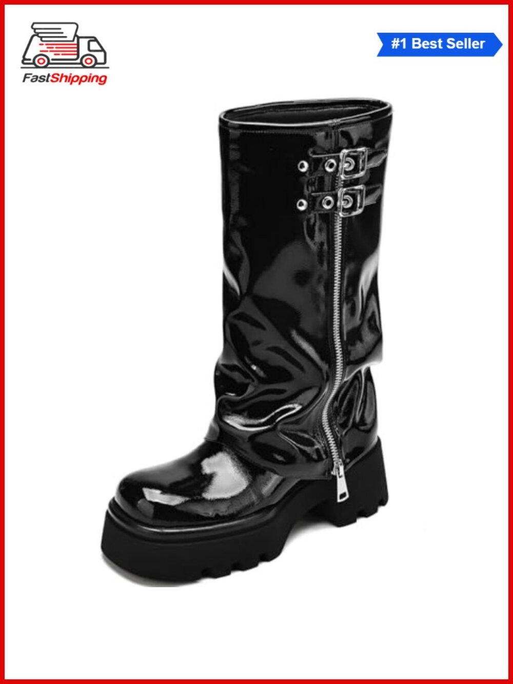✨ Knee High Moto Boots Fold Over Block Heel Platform Faux Leather